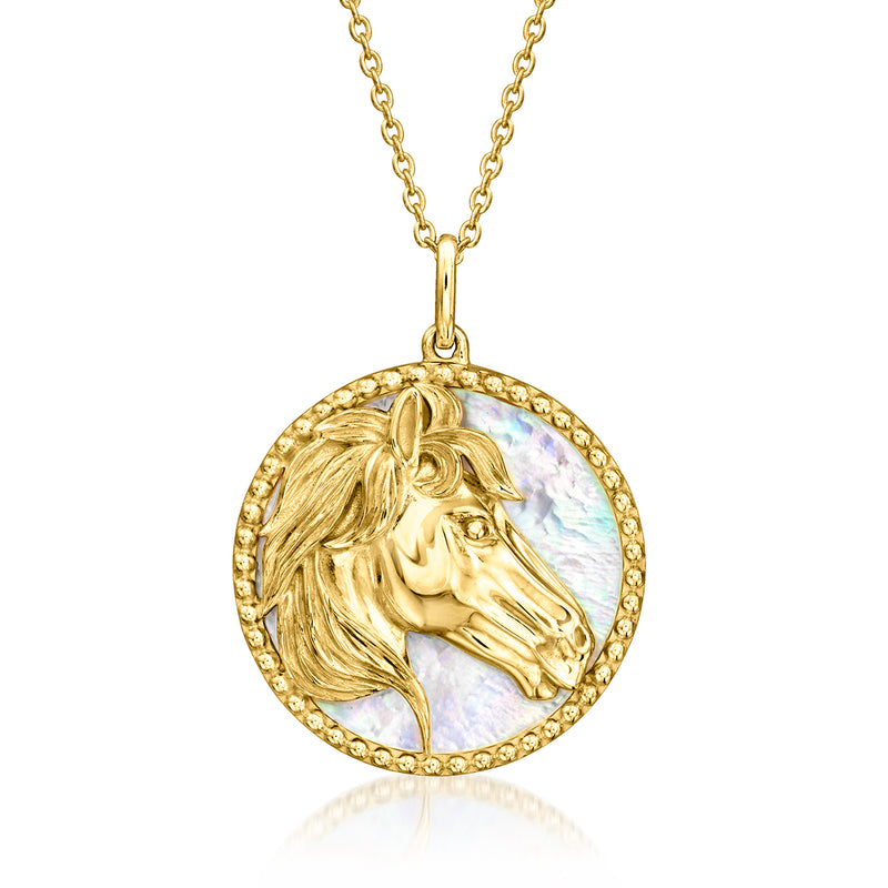 Gold-tone horse head pendant necklace with mother-of-pearl round disc