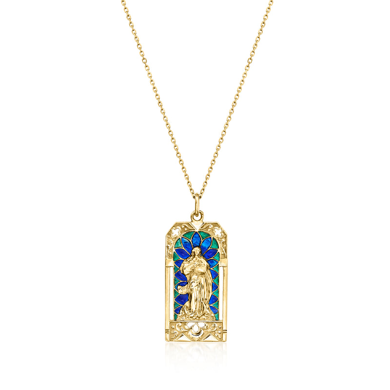 14kt yellow gold necklace with multicolored enamel religious pendant and angel figure