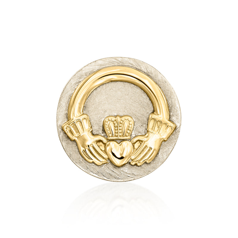 Two-tone 14kt gold Claddagh pin, circular hands-and-heart motif