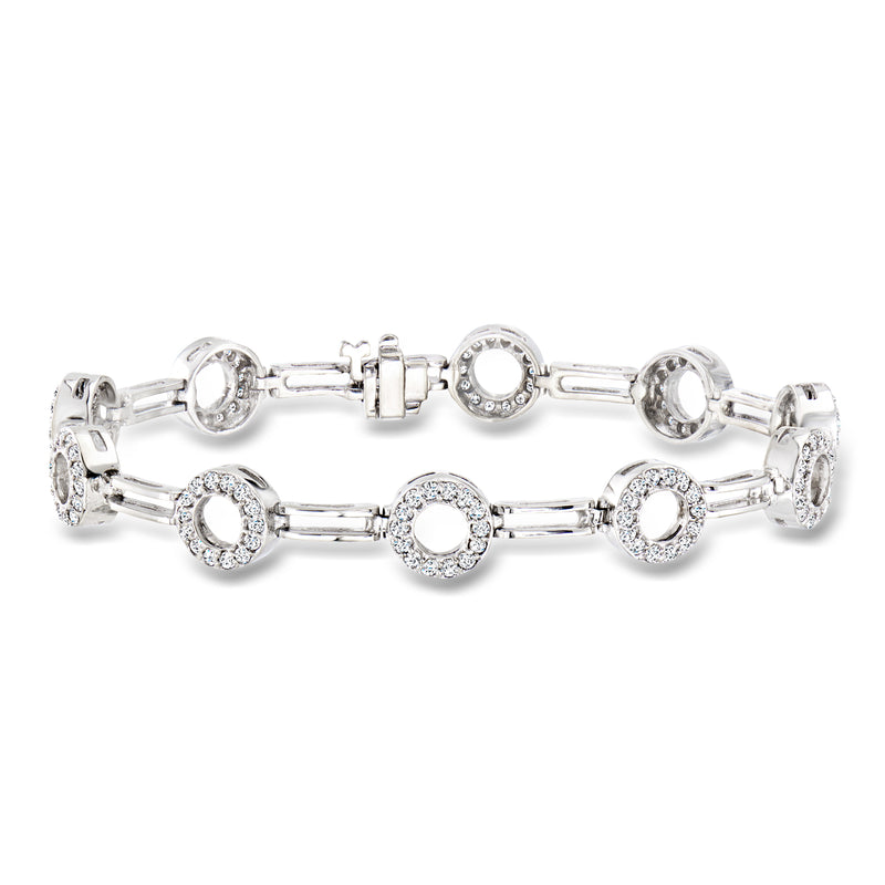 White gold circle-link bracelet with round diamond-like stones and clasp