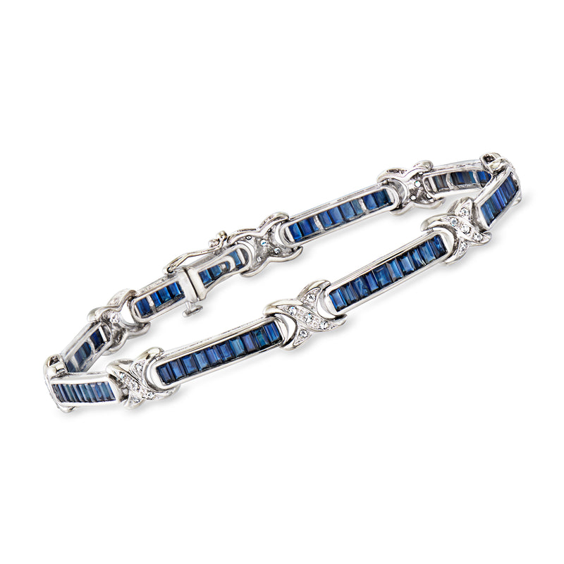 14kt white gold x-link bracelet with blue sapphire baguette stones and diamond accents
