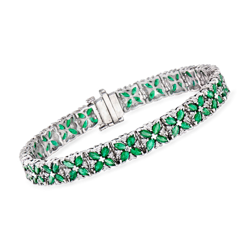 14kt white gold vintage bracelet with emerald-green stones and clear diamond accents