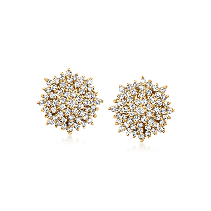 Vintage diamond cluster stud earrings, 14kt yellow gold with round stones