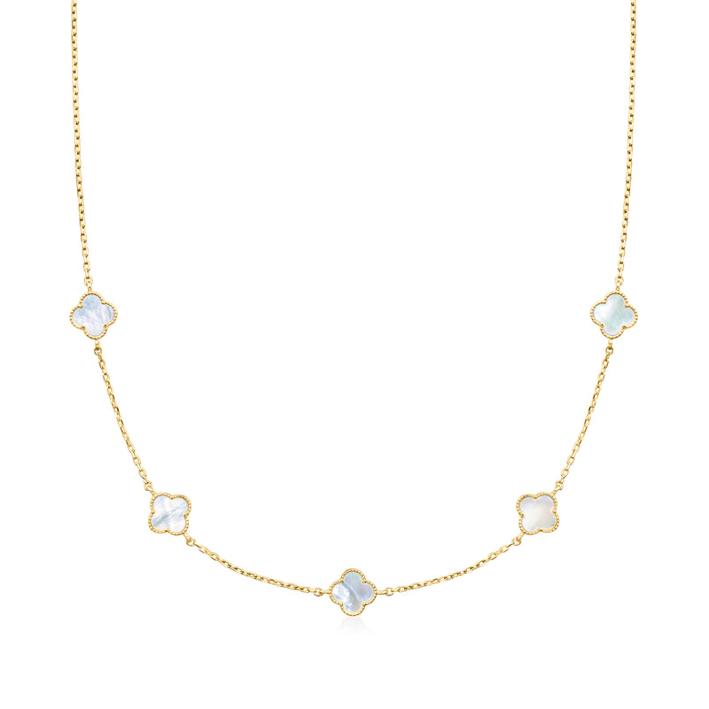 10kt yellow gold clover station necklace with mother-of-pearl charms, light blue