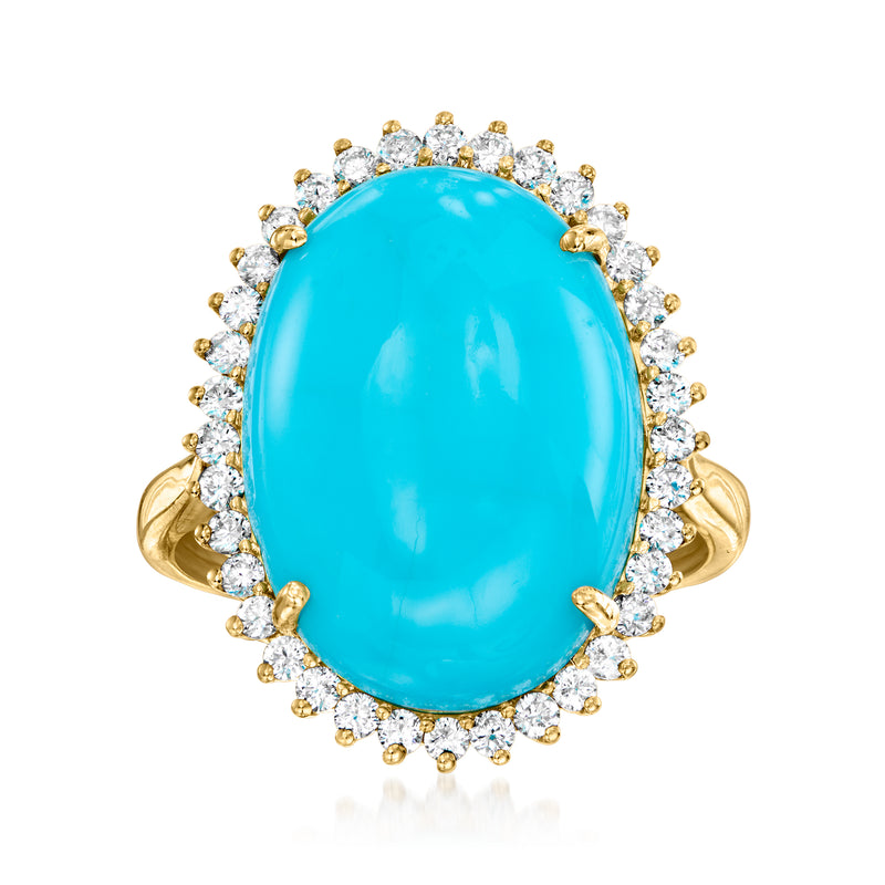18k yellow gold ring with large turquoise oval stone and diamond halo