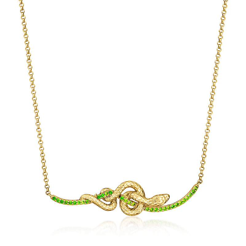 18kt gold over sterling snake necklace with green stone accents and linked clasp