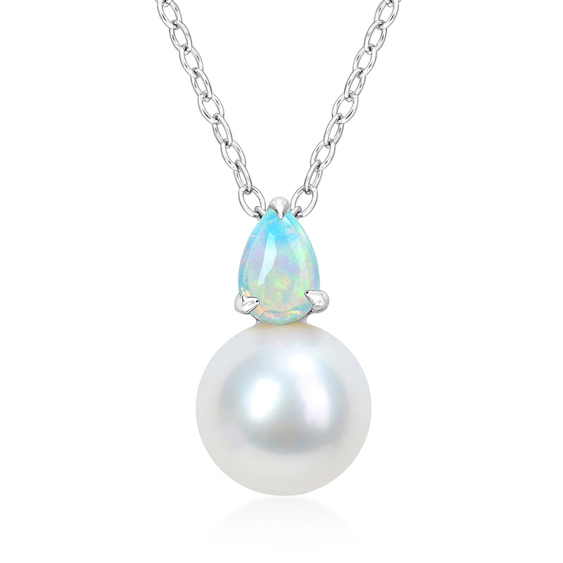 Sterling silver pearl pendant necklace with opal teardrop cap and round white cultured pearl