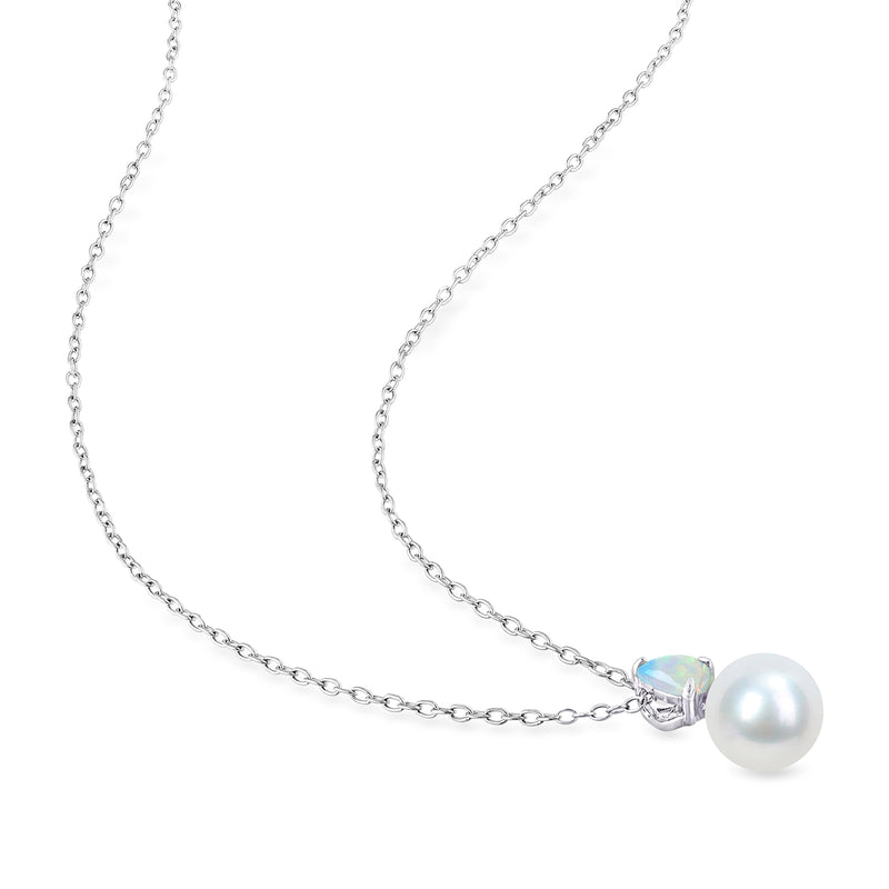 Sterling silver chain necklace with opal teardrop detail and large round white cultured pearl
