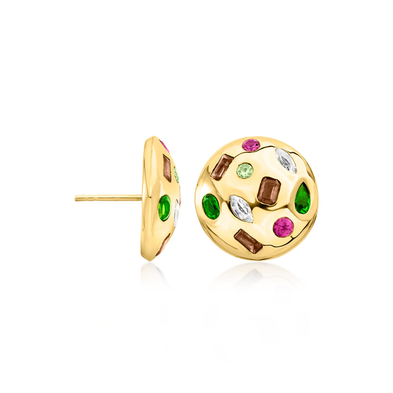 Gold-tone round button post earrings with green, purple, pink, and white gemstones