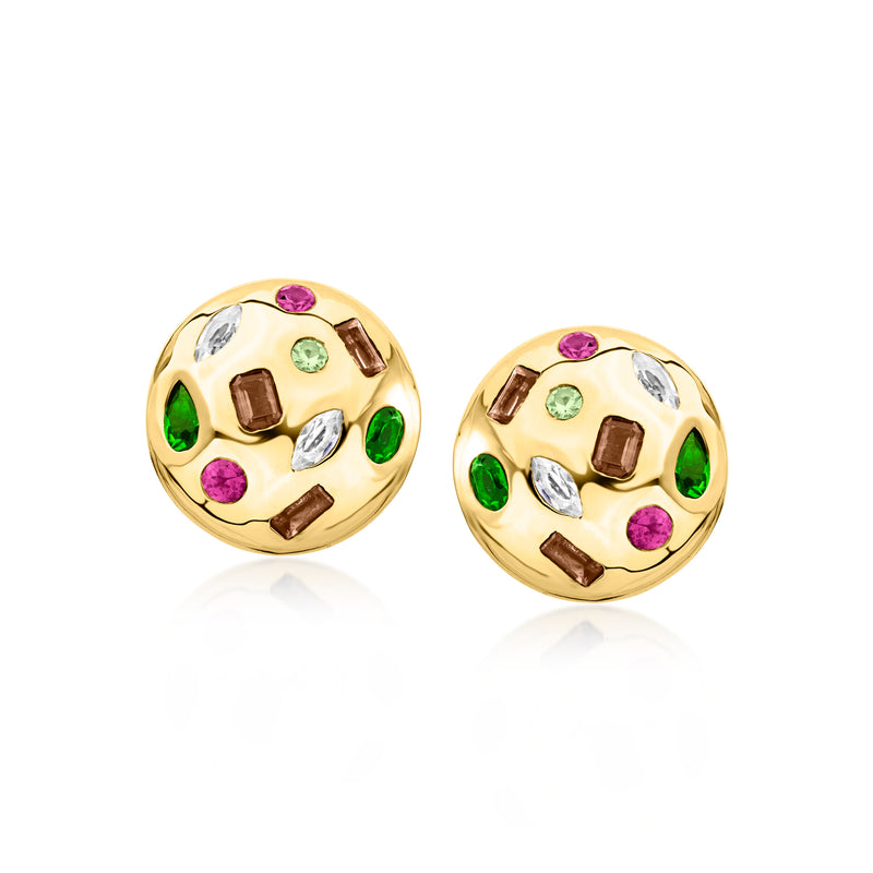 Gold-tone round button earrings, multicolor gemstones in a playful geometric pattern