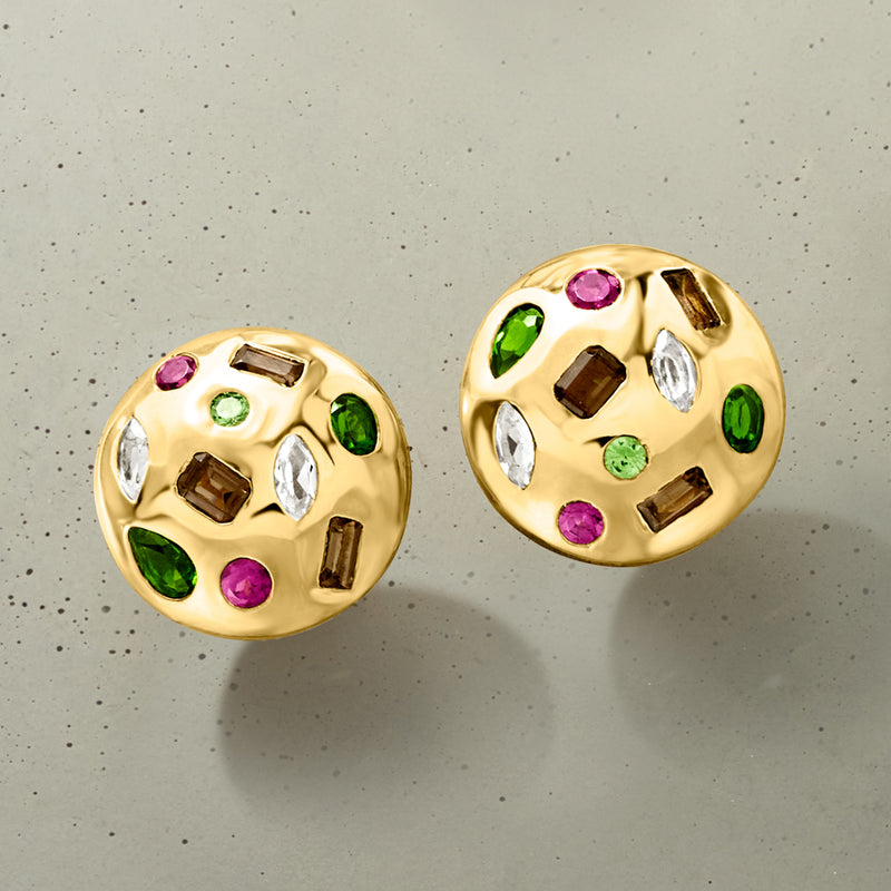 Gold-tone round button earrings with green, purple, and clear stones and brown accents
