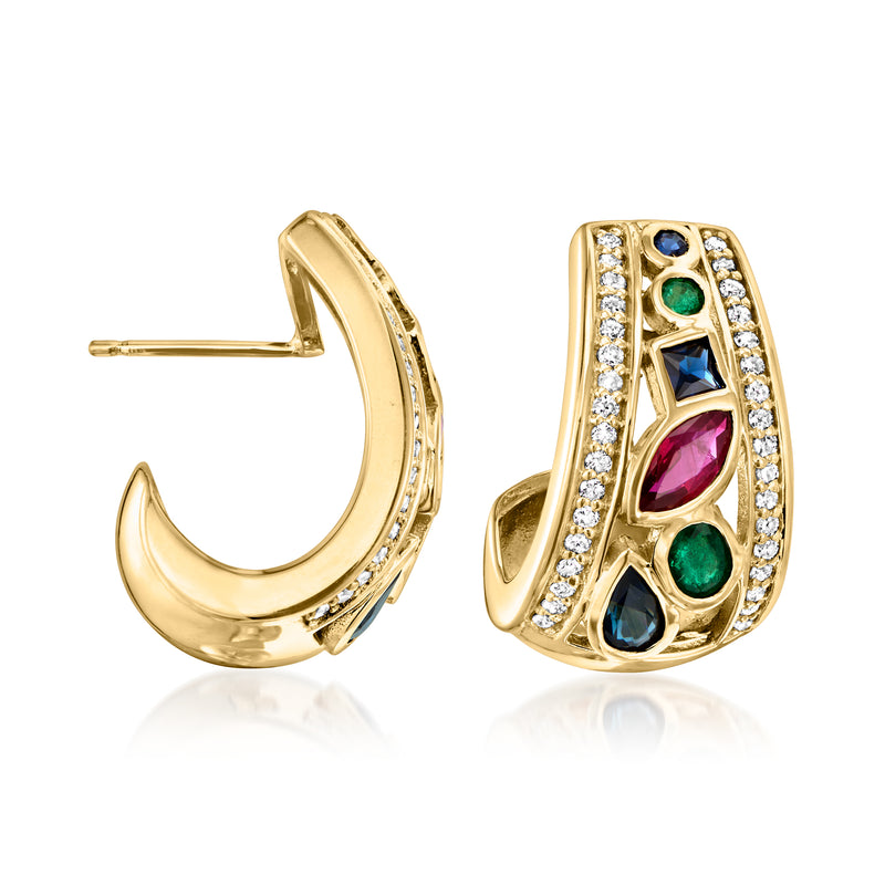 18kt yellow gold curved hoop post earrings, multicolor gems with diamond accents