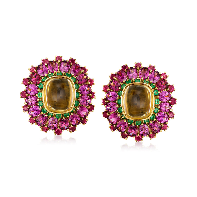 Vintage multi-gemstone stud earrings, purple cluster with yellow gold bezel