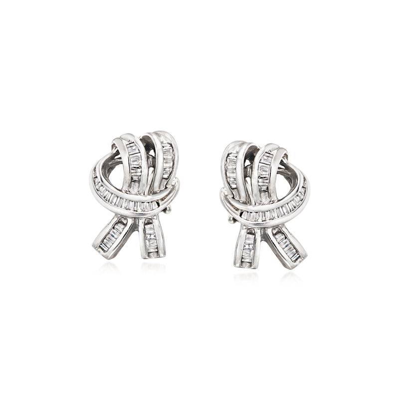 Vintage diamond ribbon hoop earrings in 14kt white gold, with baguette-cut stones