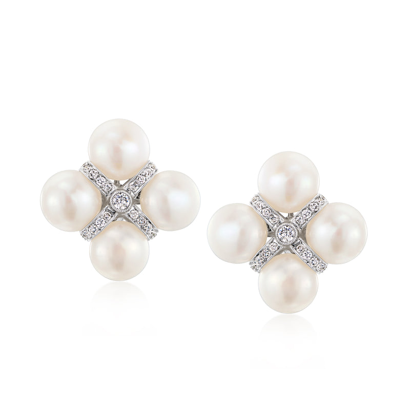 Cultured pearl and diamond stud earrings, five-pearl cross in white gold setting