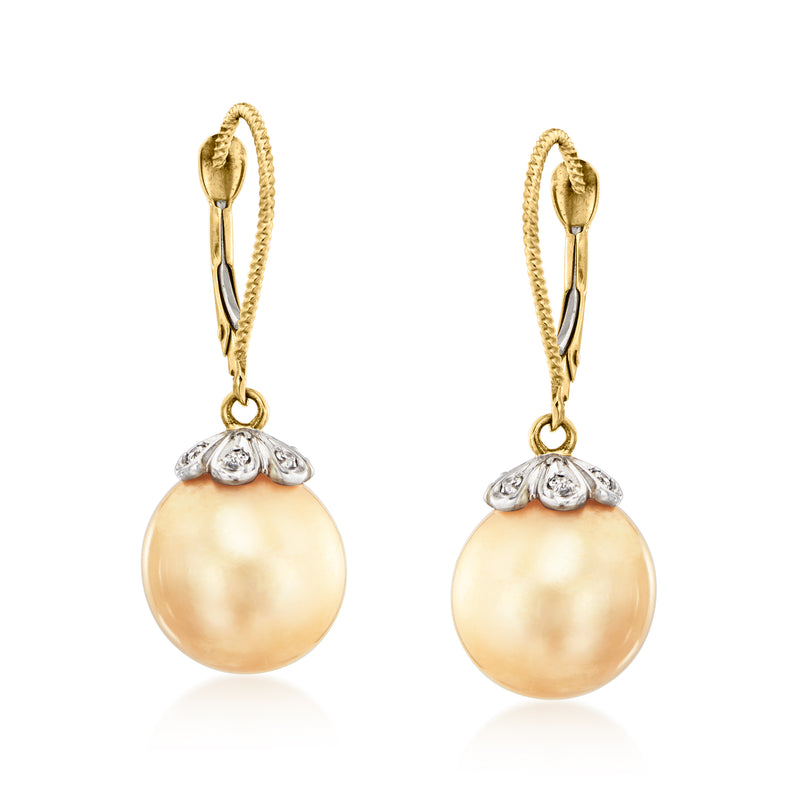 Vintage cultured pearl drop earrings in 14kt yellow gold with diamond accents
