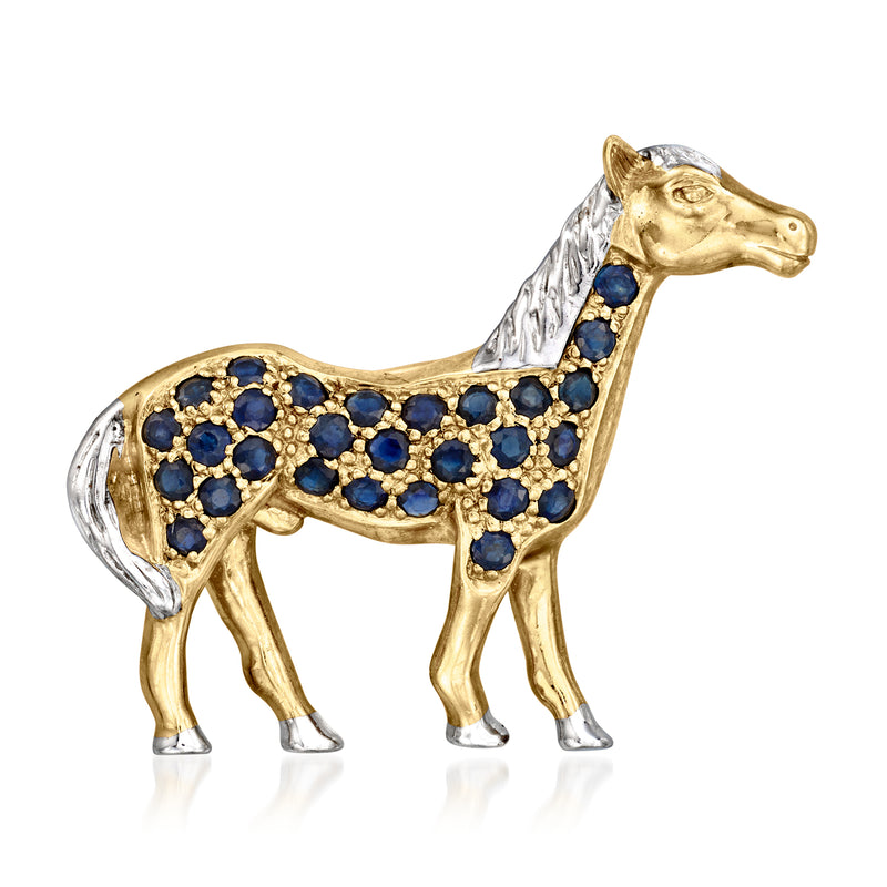 Two-tone gold horse pin with blue sapphire-style stones and pave mane