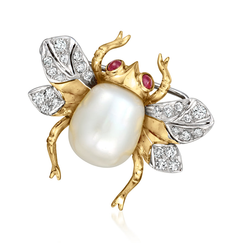 Cultured pearl bug pin in 18kt yellow gold with diamond accents and ruby eyes