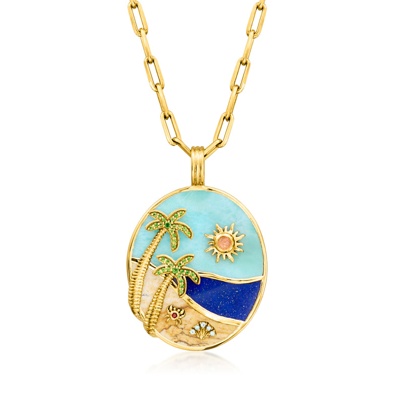 Gold over sterling oval ocean scene pendant necklace with palm trees and sun charm
