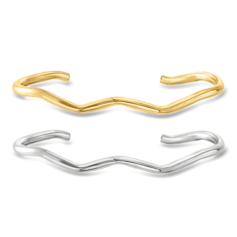 Wavy cuff bracelet set with gold and silver-tone open cuffs and curved ridges