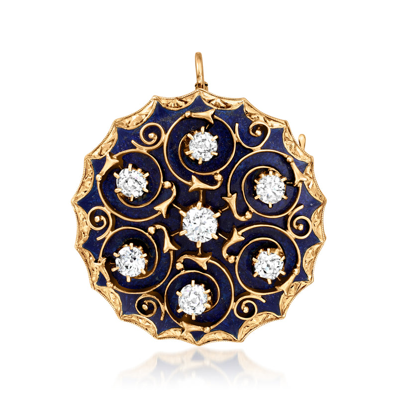 Vintage 14k yellow gold pin/pendant with blue enamel and six round diamonds