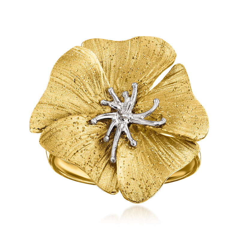 Gold over sterling flower ring with silver-tone center and textured petal detailing