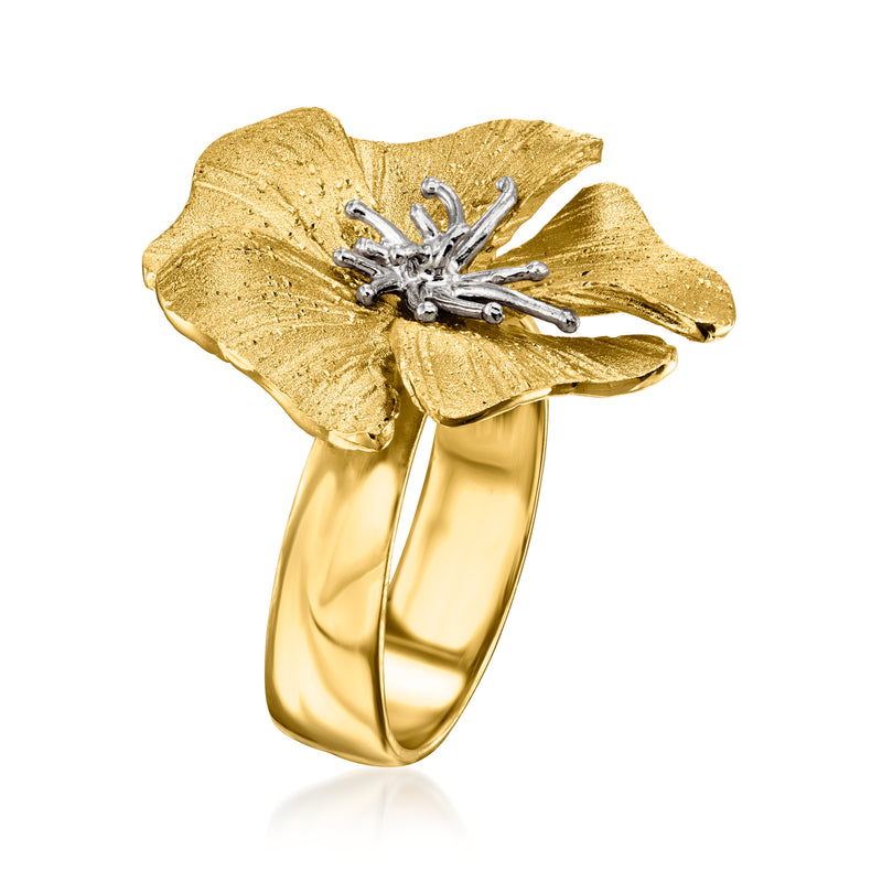 Gold-tone flower ring with silver-tone branch detail and openwork petals, side view