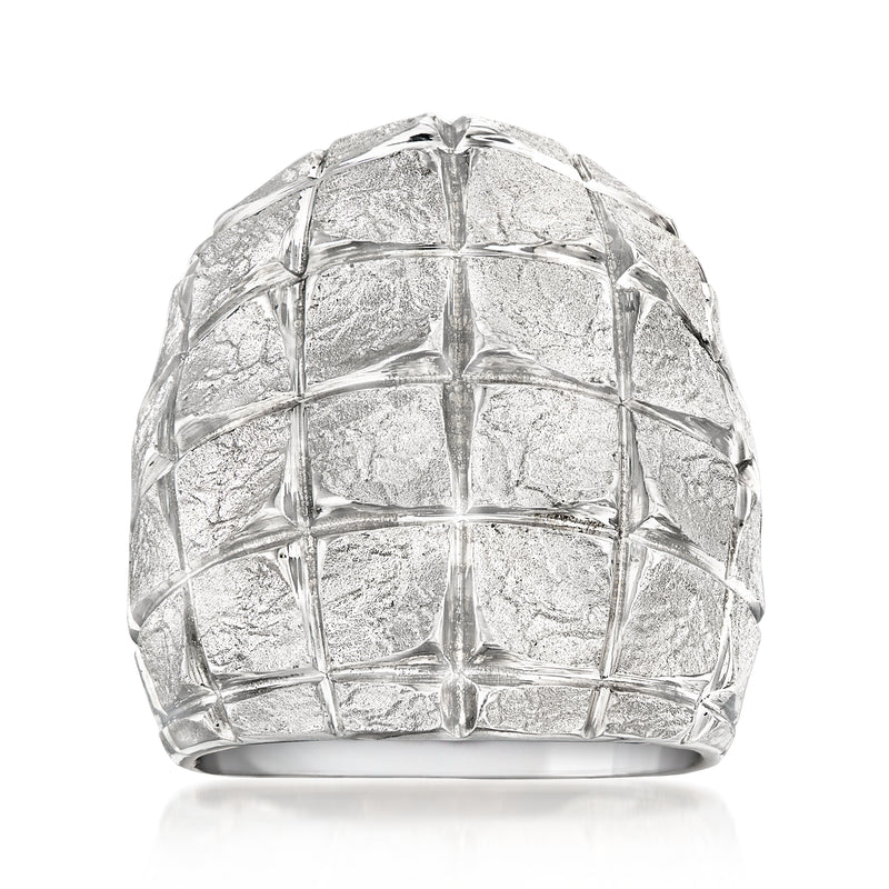 Sterling silver square-pattern statement ring, textured grid, wide band.