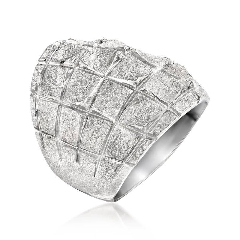 Sterling silver square-pattern ring with curved top and textured grid band.