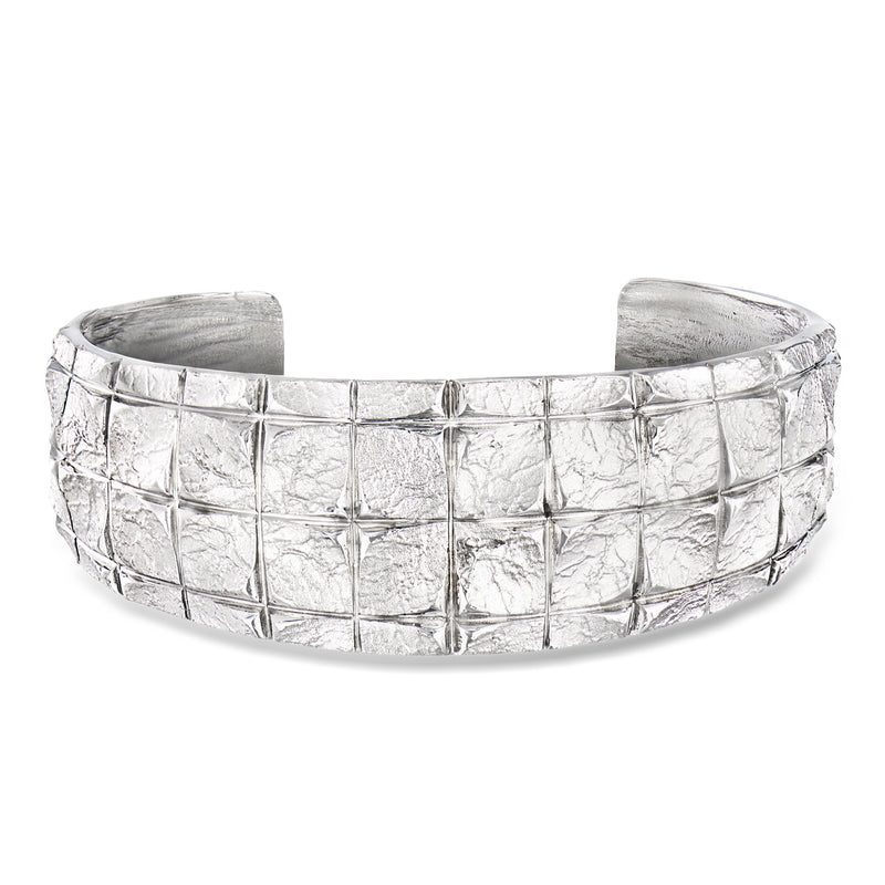 Sterling silver cuff bracelet with square grid texture, wide hinged look
