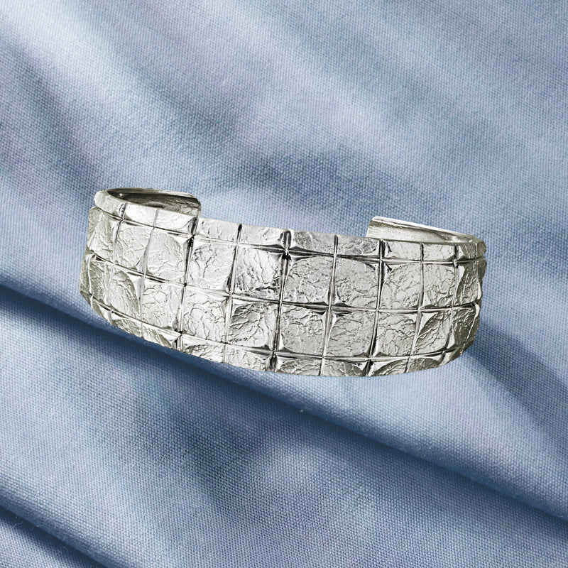 Sterling silver square-pattern cuff bracelet, wide band with raised grid texture