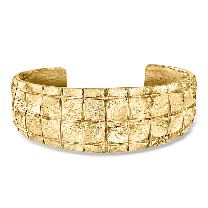 Gold over sterling square-pattern cuff bracelet, textured hammered finish