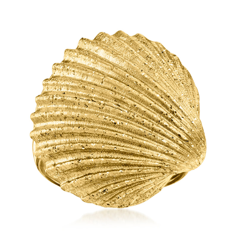Gold seashell statement ring with ridged shell top over smooth band