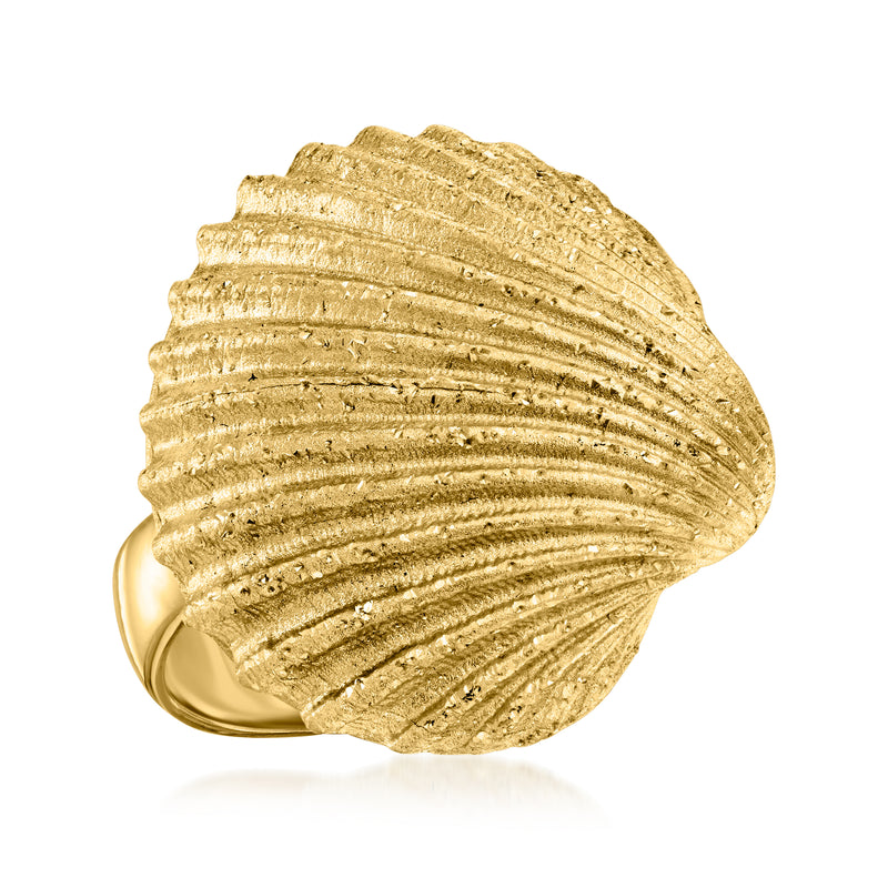 Gold seashell ring, ridged shell texture with band visible at lower edge
