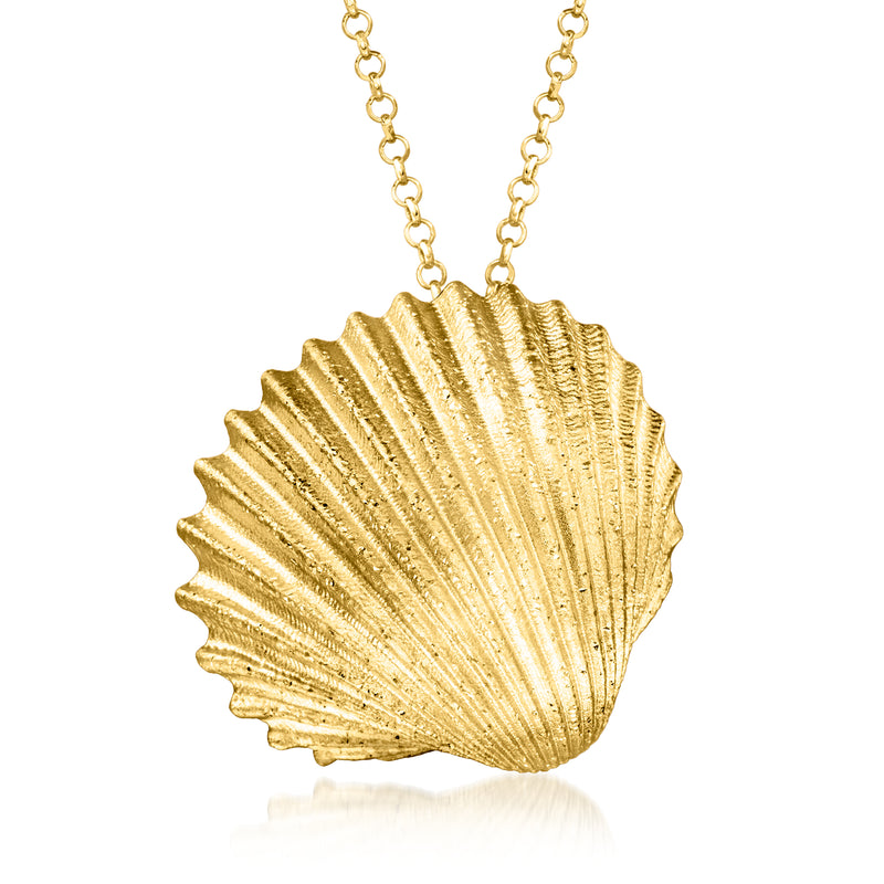 Gold seashell pendant necklace with ribbed conch shell, short links chain