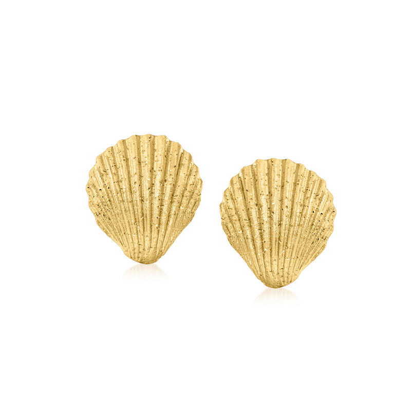 Gold seashell stud earrings with ridged shell texture, post backs