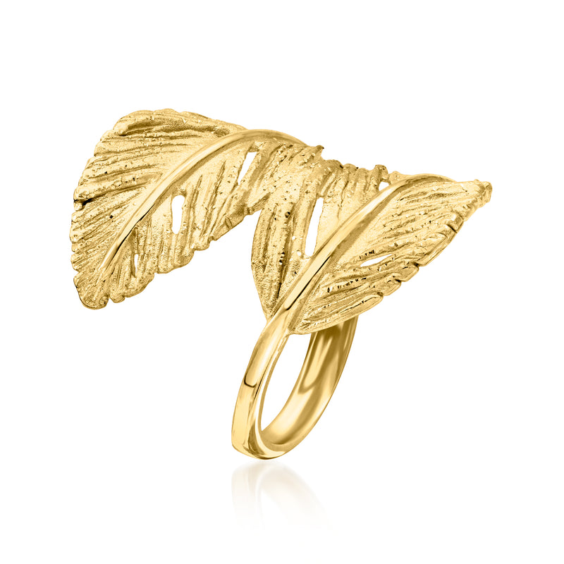 Gold leaf bypass ring with textured leaf petals and polished band