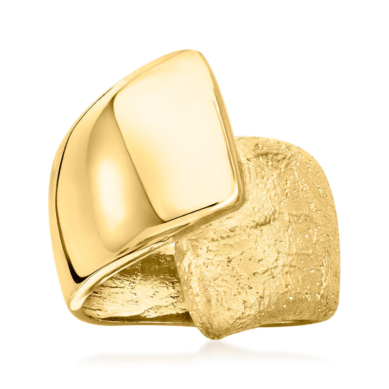 Gold-tone textured wrap ring with polished top, wide cuff band