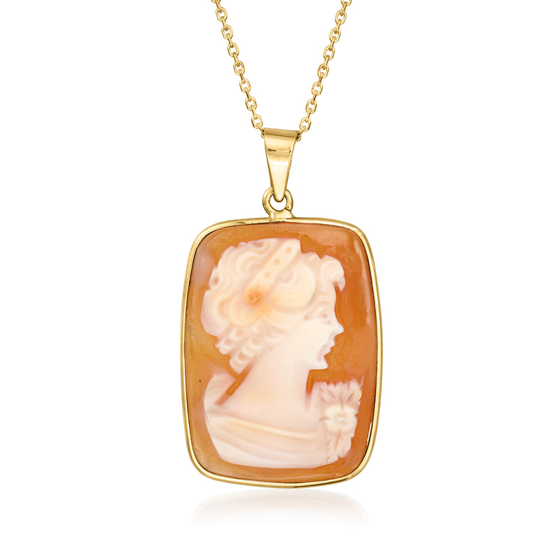 14kt yellow gold necklace with orange shell cameo pendant in rectangular frame