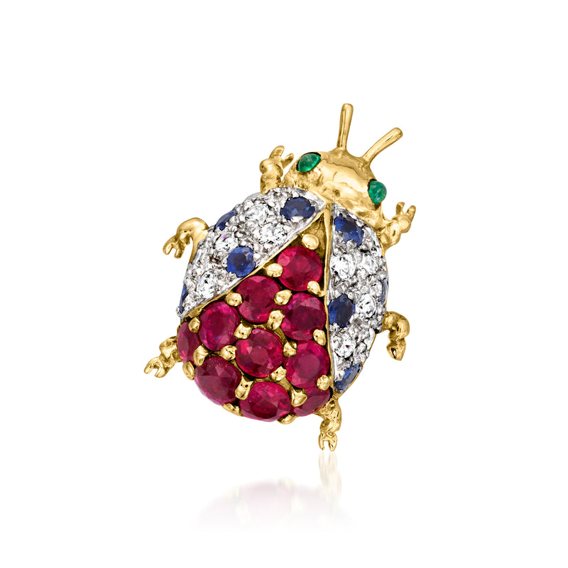Ladybug gemstone and diamond pin in 18kt yellow gold with green, red, and blue stones