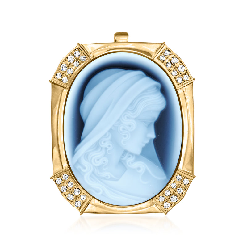 18kt yellow gold oval cameo pin/pendant with blue profile and diamond halo