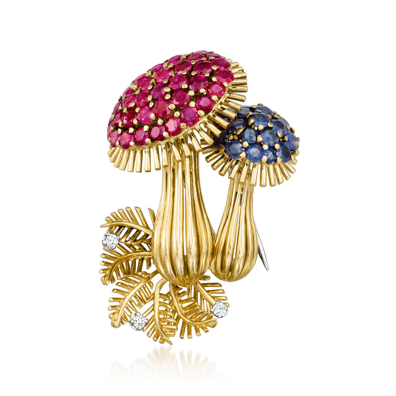 Mushroom-shaped gemstone pin in 18k yellow gold with ruby, sapphire, and small diamond accents