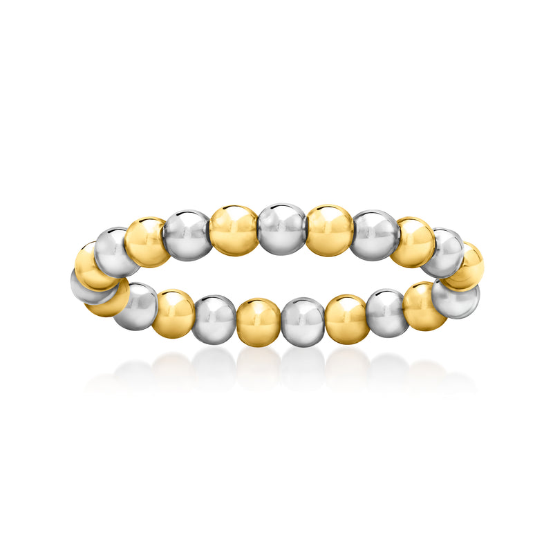 Two-tone sterling silver and 14kt yellow gold bead stretch ring with alternating round beads