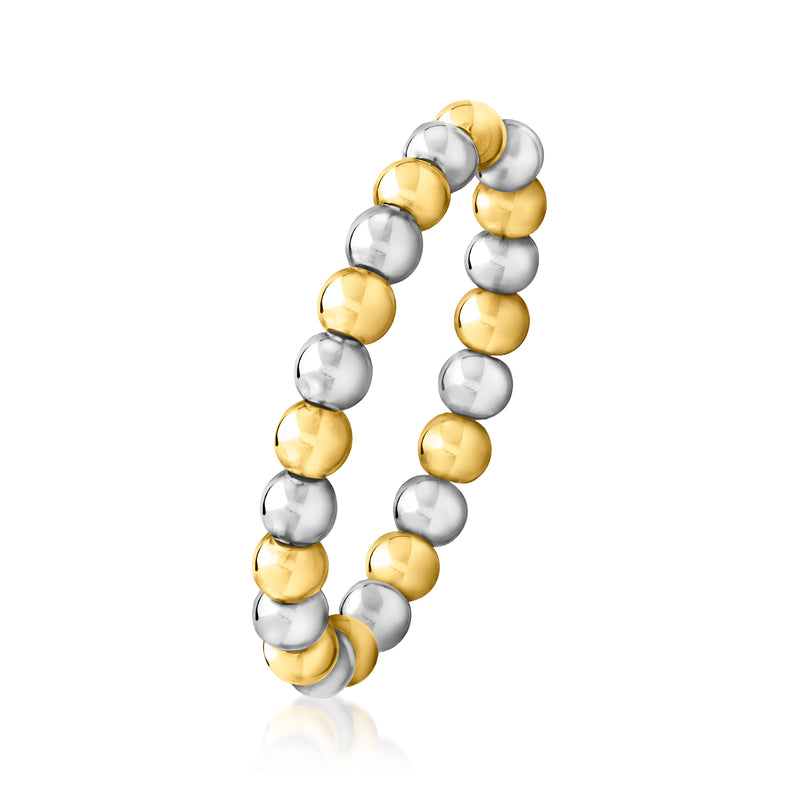 Sterling silver and 14kt yellow gold bead stretch ring, alternating round beads in side view