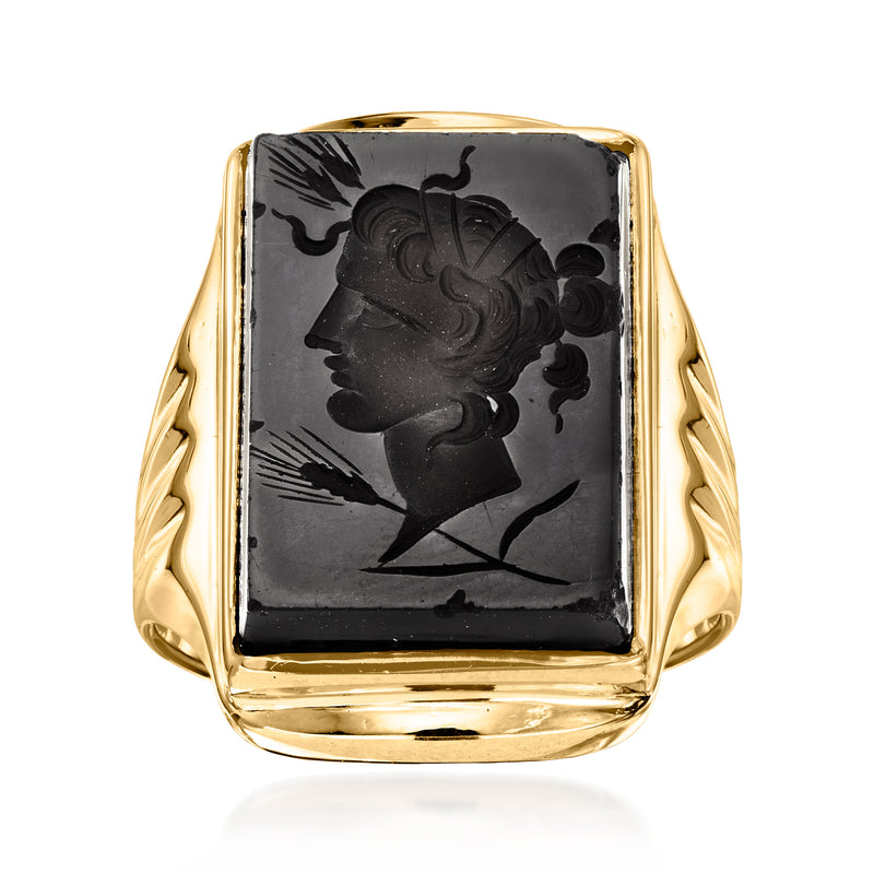 10kt yellow gold onyx intaglio ring with rectangular cameo bezel, engraved profile