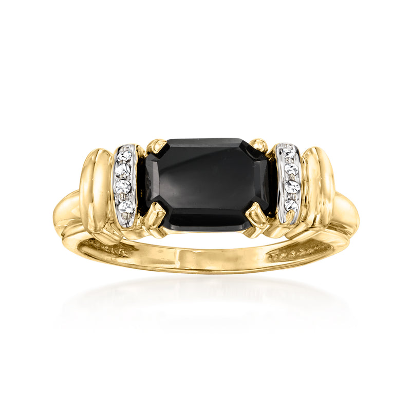 Vintage onyx gemstone ring in 10kt yellow gold with diamond accents, visible top view