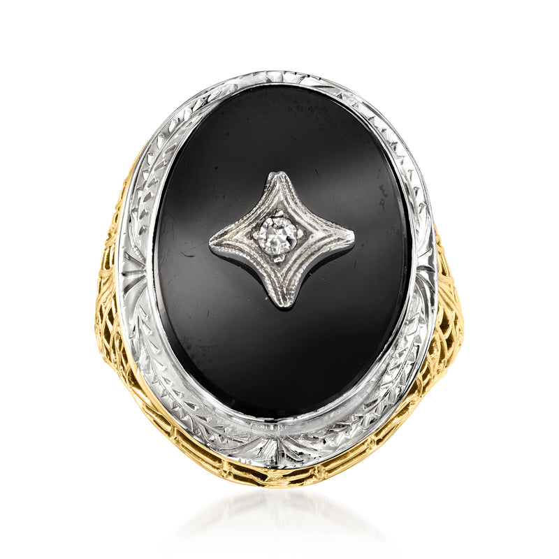 Vintage onyx ring with oval black stone and star-shaped diamond center, two-tone gold