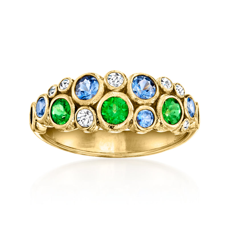 18k yellow gold gemstone band ring with blue sapphires, green tsavorites, and white diamonds