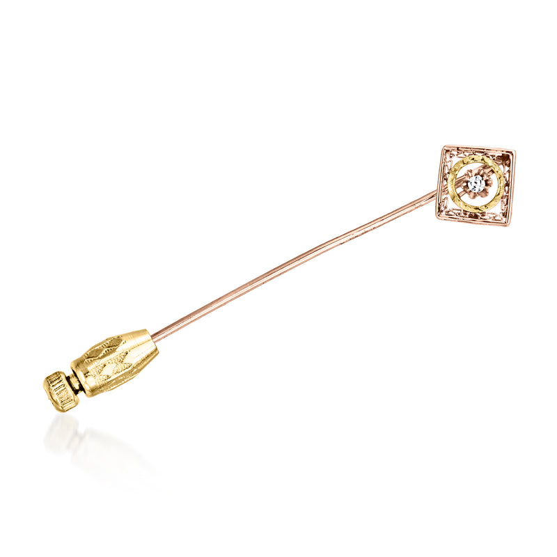 Two-tone gold square diamond stick pin with long stem and round stone