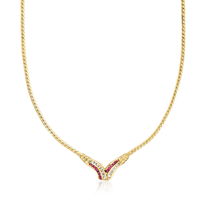 Vintage 14kt yellow gold V necklace with ruby and diamond accents